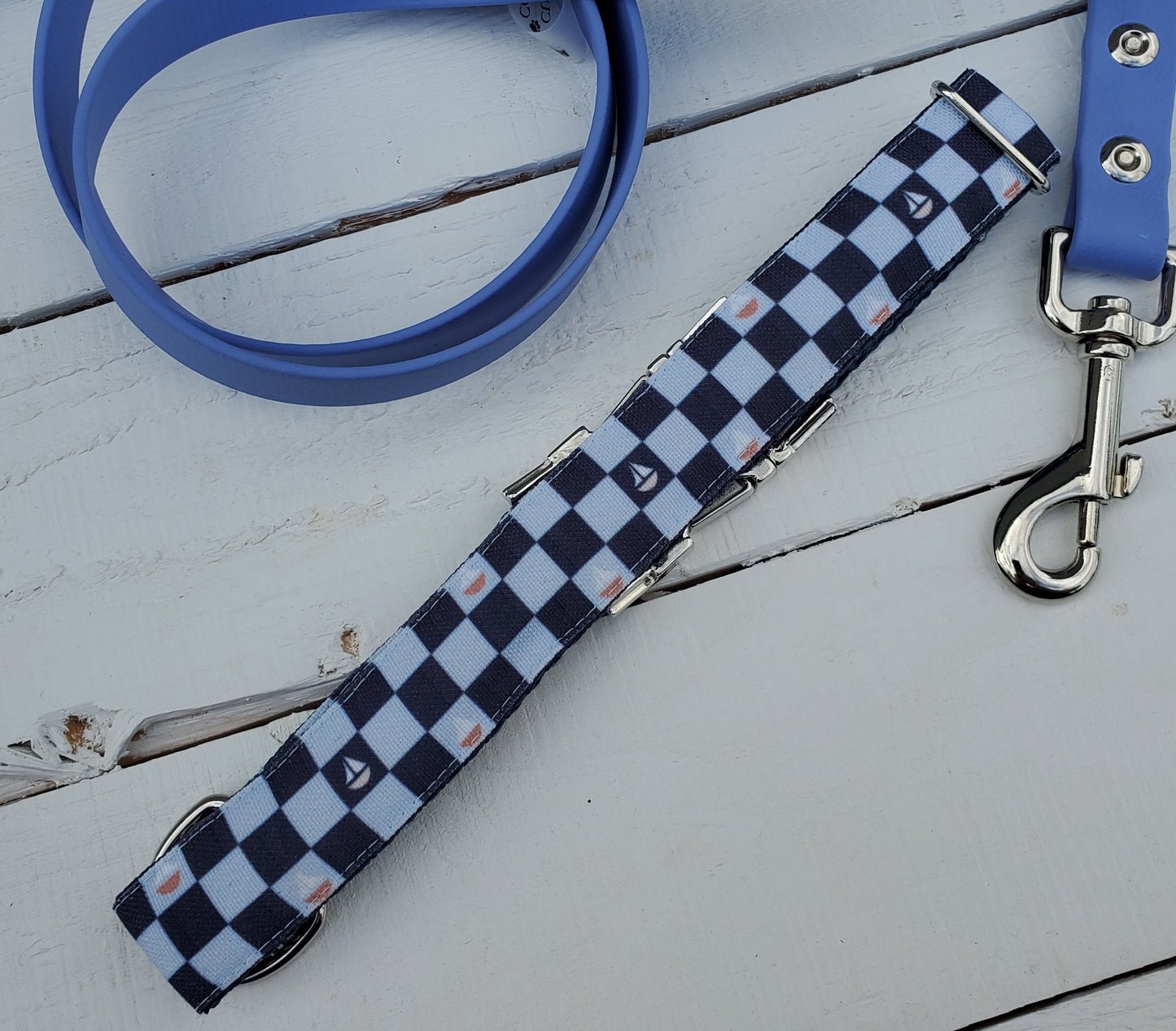 Checkered Sailboats Dog Collar