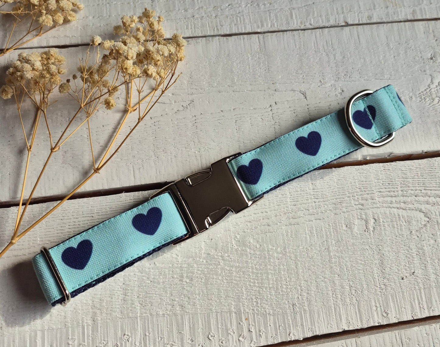 Navy Hearts on Mint Dog Collar