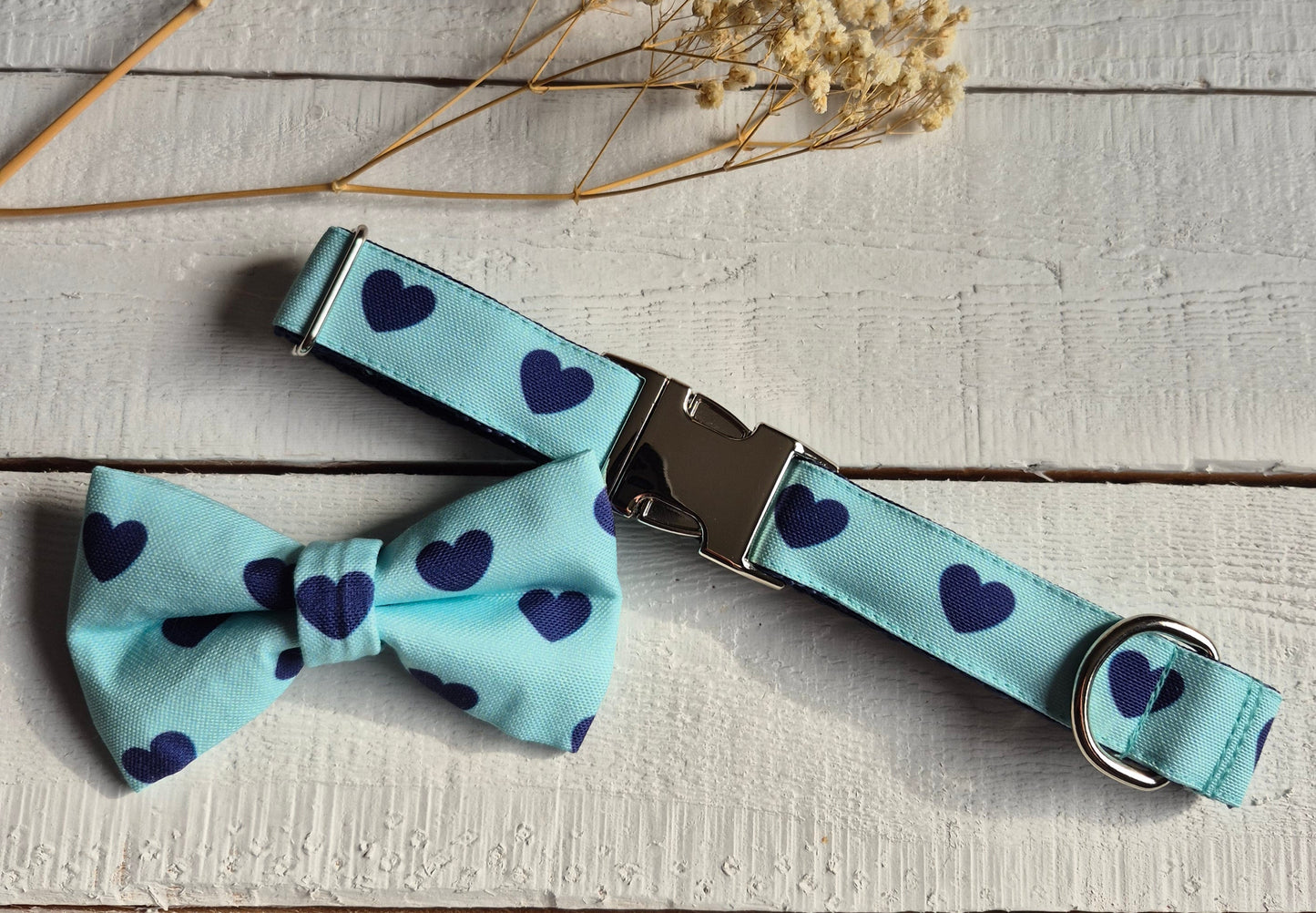 Navy Hearts on Mint Dog Collar