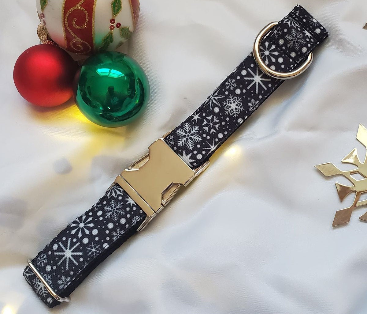 Snowflakes on Black Dog Collar