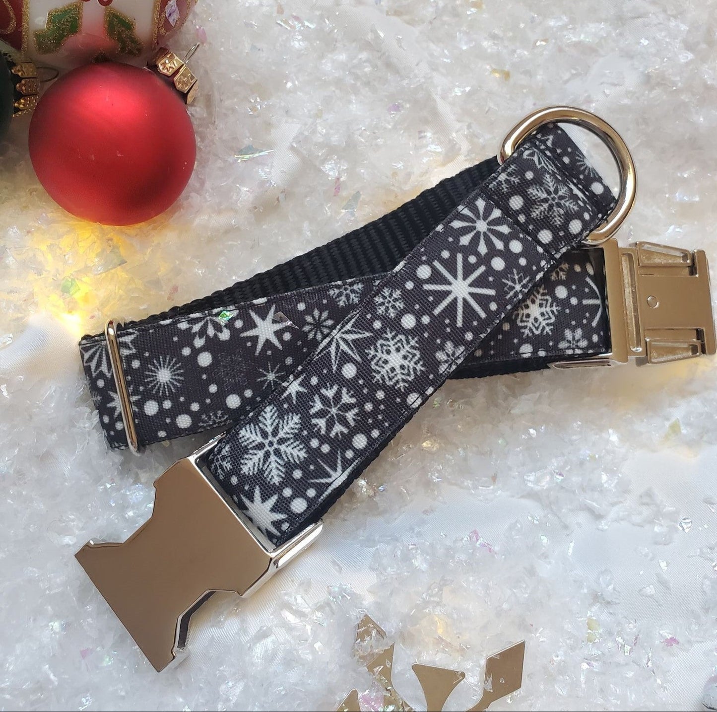 Snowflakes on Black Dog Collar