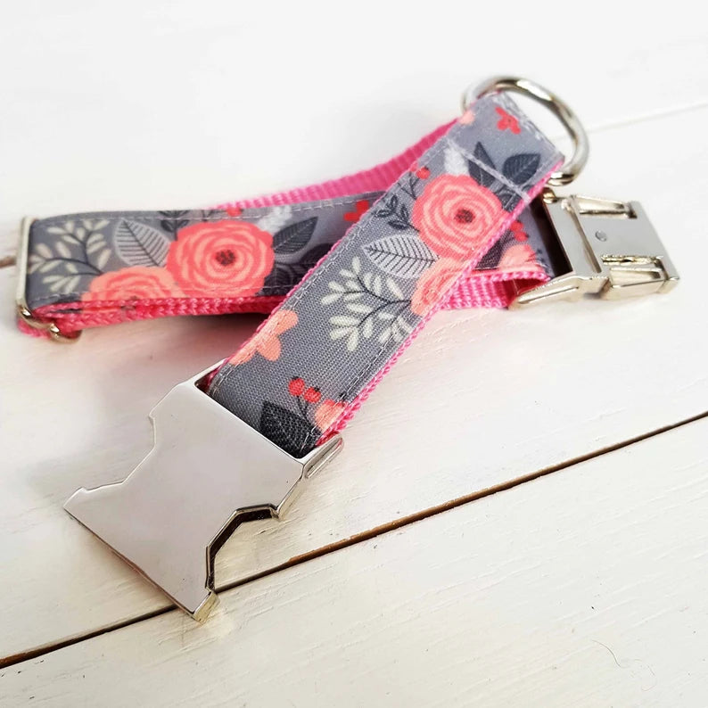Grey Floral Dog Collar