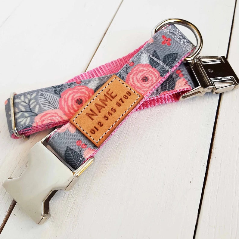 Grey Floral Dog Collar