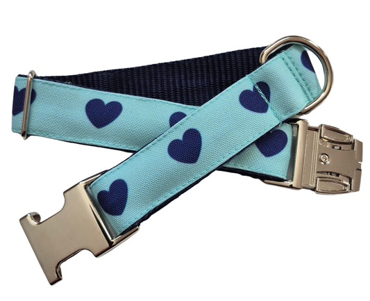 Navy Hearts on Mint Dog Collar