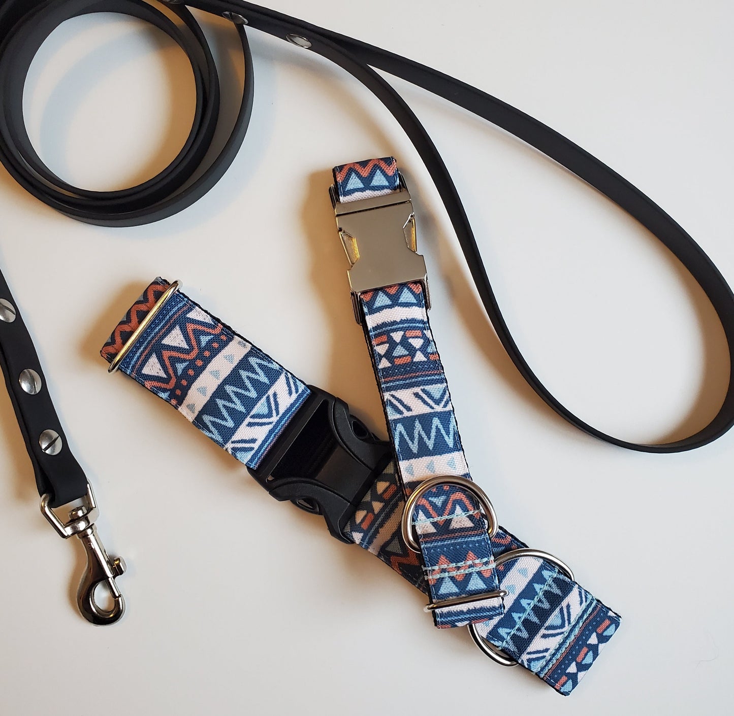 Blue Orange Aztec dog collar