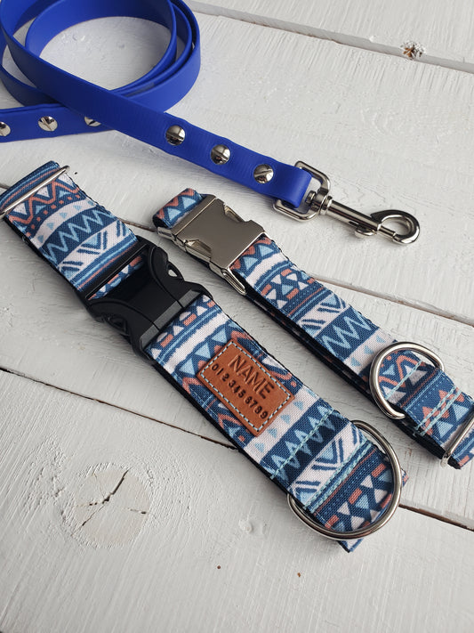 Blue Orange Aztec dog collar