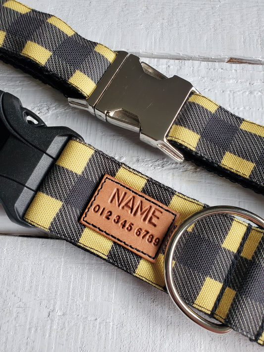 Yellow and Black Buffalo Plaid dog collar