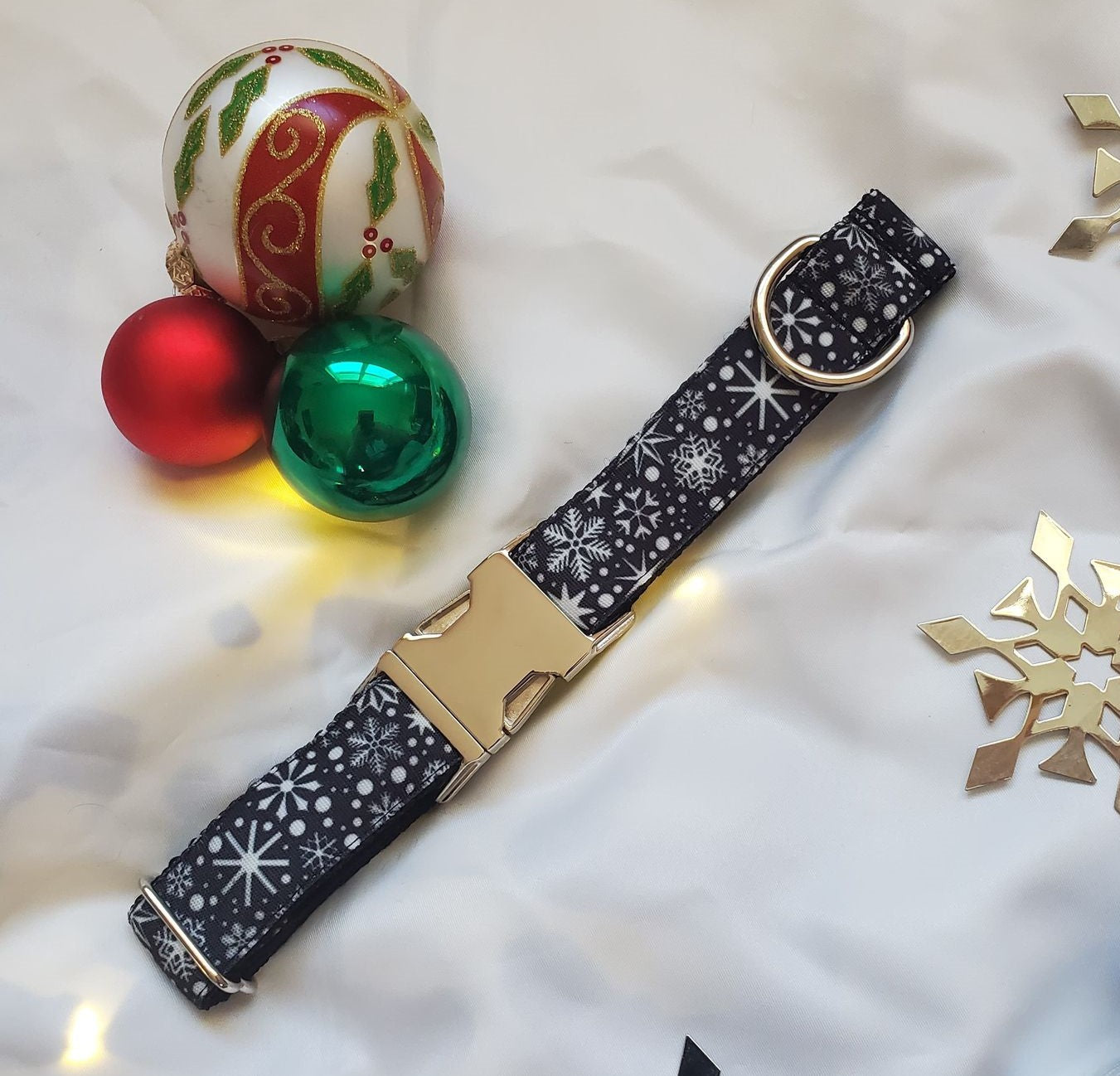 Snowflakes on Black Dog Collar