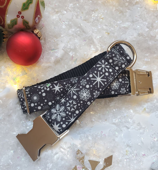 Snowflakes on Black Dog Collar